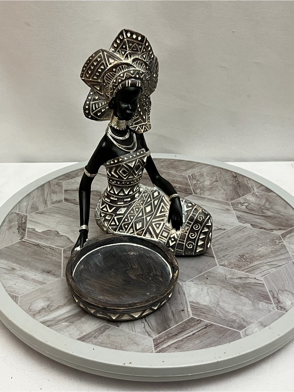 Vintage African Woman Figurine Bowl Holder Tribal Style Resin Decor Statue